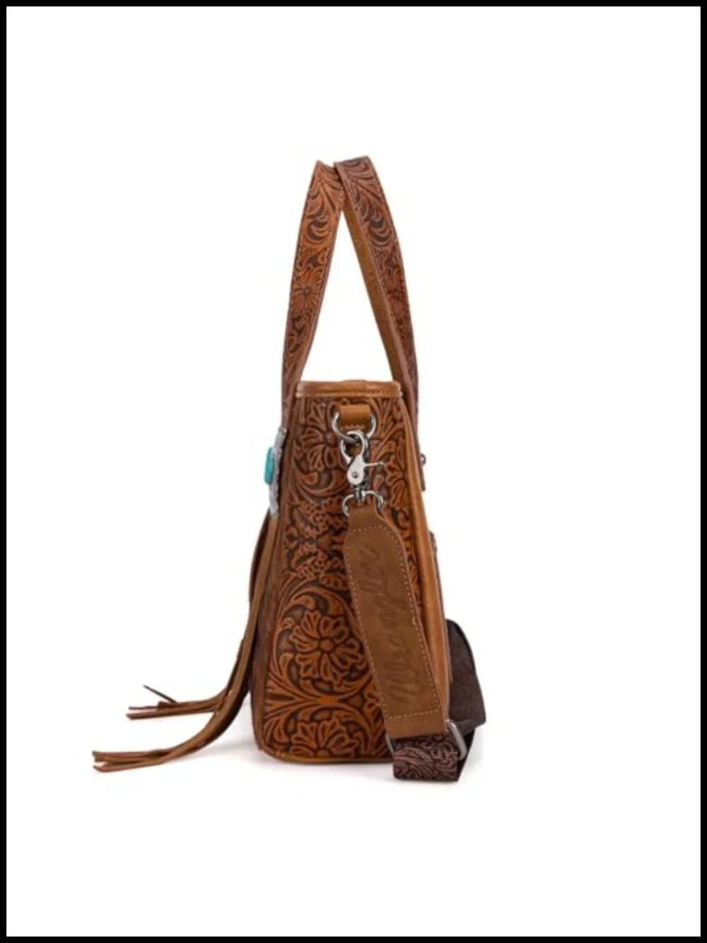 Western Hair-on Cowhide Tote Bag with Turquoise Stone Concho Fringing Tooling